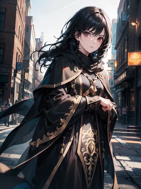 a man with black hair, golden eyes, and a fierce expression, wearing a black cloak, set in a modern city at night, facing away from the viewer with his head turned sideways, looking back with his chin down, (best quality,4k,8k,highres,masterpiece:1.2),ultr...