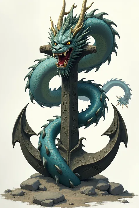 depicts an chinese angry dragon surrounding an anchor and the anchor is stuck in a stone, just one stone