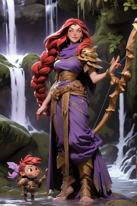 Female halfling, short stature, freckles, long red hair, braids, wide hips, large breasts, long flowing dress, harem pants, long purple cloak, shoulder armor, dancing pose, crossbow, tall boots, full body shot, splashing water around background, in waterfa...