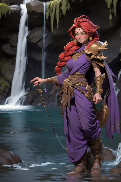 Female halfling, short stature, freckles, long red hair, braids, wide hips, large breasts, long flowing dress, harem pants, long purple cloak, shoulder armor, dancing pose, crossbow, tall boots, full body shot, splashing water around background, in waterfa...