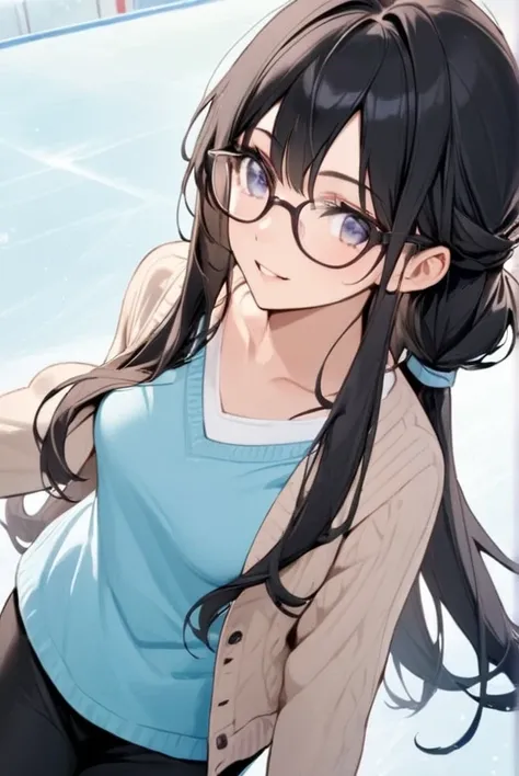 Black hair, long hair, glasses, skating rink, ice skating, girl skating