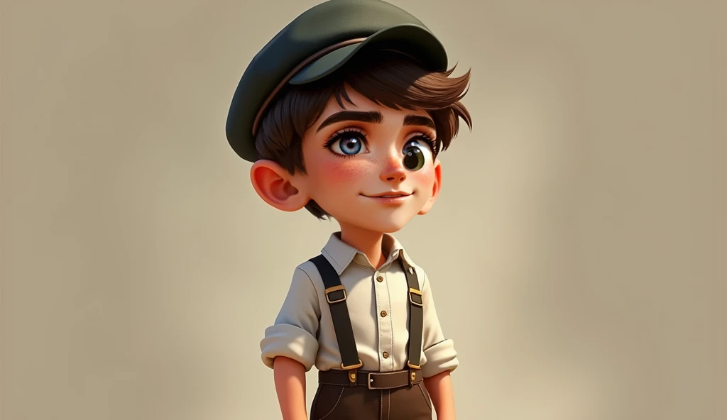  Pietro is a  boy ,  with bright green eyes and dark brown hair , Cropped close with fringe .  His mischievous smile and thick eyebrows give him a curious and friendly air.  He wears a white cotton shirt with a high collar ,  dark brown pants with black su...