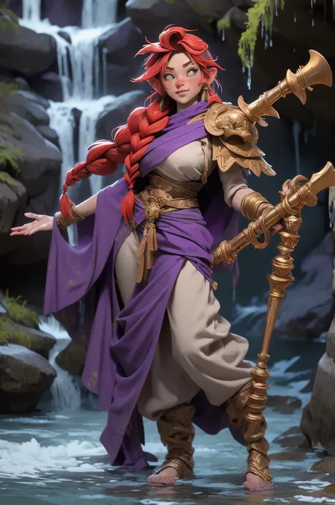 Female halfling, short stature, freckles, long red hair, braids, wide hips, large breasts, long flowing dress, harem pants, long purple cloak, shoulder armor, dancing pose, keytar instrument, tall boots, full body shot, splashing water around background, i...