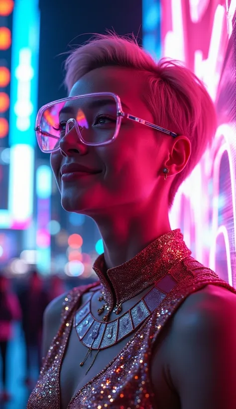  A vibrant portrait of a citizen celebrating in the neon-lit heart of an atompunk city. The person wears a dazzling outfit made from metallic fabrics, reflecting a mix of art-deco and cyberpunk styles—geometric patterns and holographic elements. Their hair...