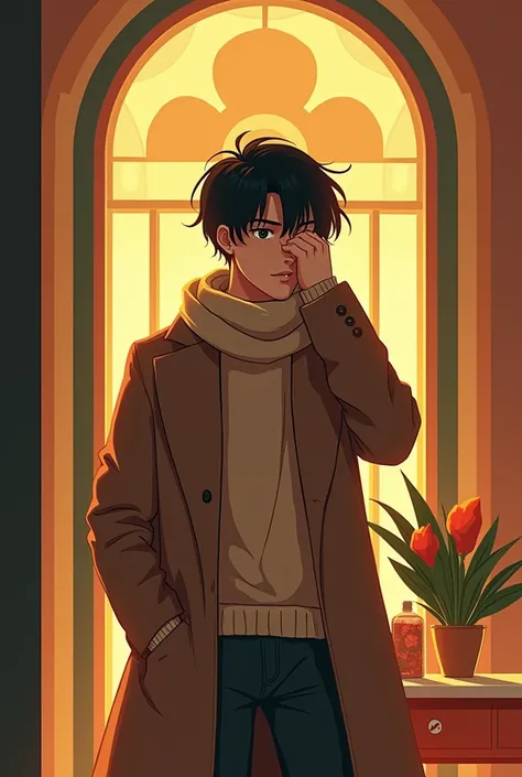 A cute shy skinny 20-year-old stands with a scarf in a coat with long bangs with his hand attached to his face with a thoughtful pose 
Art deco, 