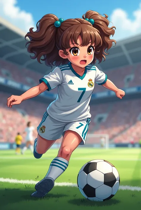 Create a white anime girl with curly brown hair playing soccer with the Real Madrid jersey and have a 7 scoring a goal
