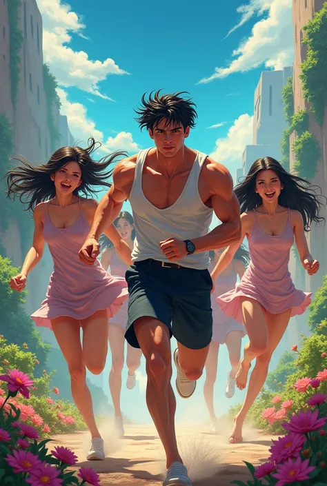 Colourful anime image, of a man running of many beautiful but sad and desperate women watching him as they run 