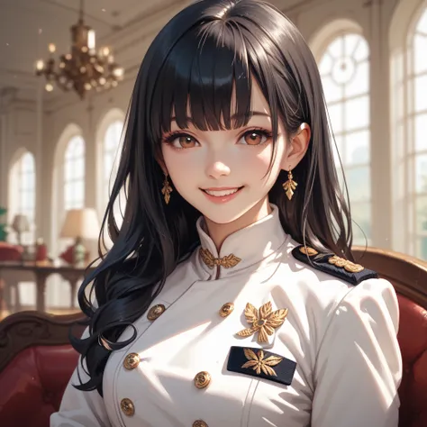 Pretty woman in white uniform with bangs, long black hair, brown eyes, and smiling