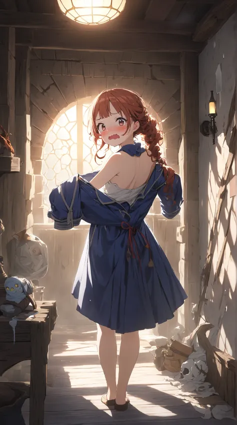 1 girl, (cute face), 18 years old, to many hairstyle, (panicking:1.4), (wavy mouth:1.3), (blush:1.3), small breasts, wearing fantasy game style Mages Clothes, (knee length), (undressing clothes:1.2), (partially undressed:1.4), (looking back:1.4), for gloss...