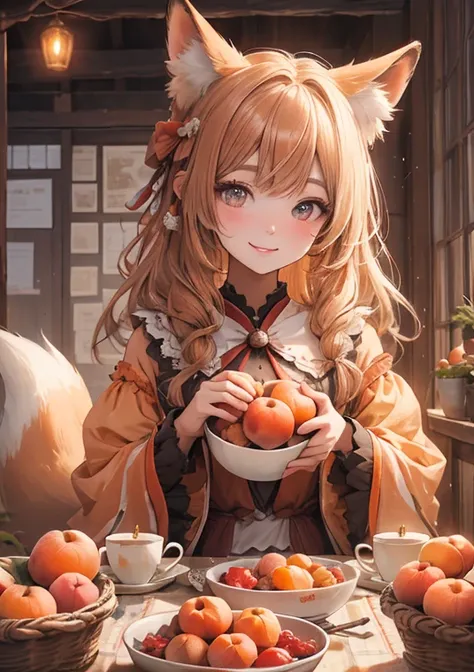 (masterpiece),   best quality ,   ultra high resolution, Its a baby fox with an apricot-colored ribbon， apricot hair 、Apricot-colored eyes、Apricot-colored clothing、Apricot jam 、 breakfast、smile