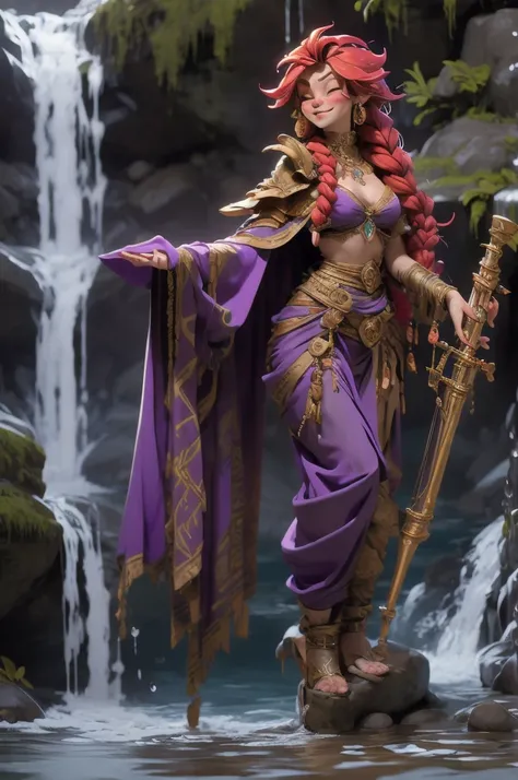 Female halfling, short stature, freckles, long red hair, braids, wide hips, large breasts, long flowing dress, harem pants, long purple cloak, shoulder armor, dancing pose, keytar instrument, tall boots, full body shot, splashing water, in waterfall, wet c...