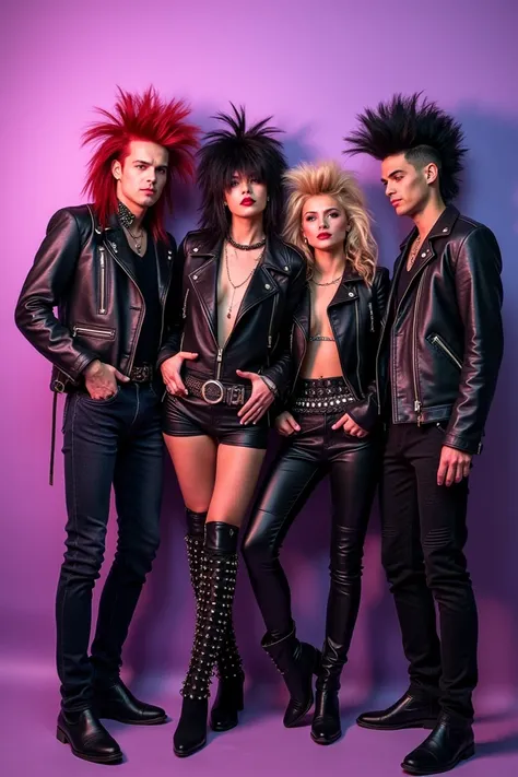 Create a vibrant and edgy 80s rock album cover featuring a group of four musicians with dramatic hairstyles and punk attire. Theyre posed playfully against a pastel purple background, adorned with leather, studs, and bold accessories. Convey a sense of reb...