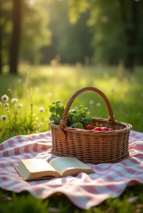 there is a basket and a book on a blanket in the grass, a portrait by Kristin Nelson, unsplash, realism, forest picnic, having a picnic, cottagecore, picnic, summer afternoon, cottagecore hippie, cottagecore!!, summer setting, serene field setting, midsomm...