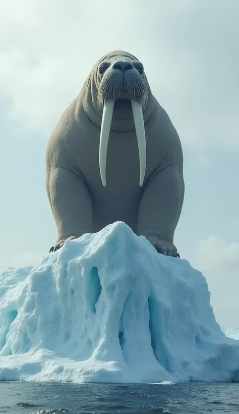 A large, majestic male walrus with long fangs stands on a large iceberg in the Arctic.