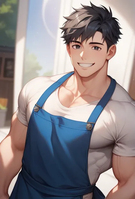 (high quality,high resolution,high detail,masterpiece:1.2), Delicate eyes and delicate face, 1 boy, 20 years old, handsome face, pure and cute face, Detailed face, (white T-shirt, Blue apron), cute, Male focus, muscular, muscular male, Chest muscles, black...