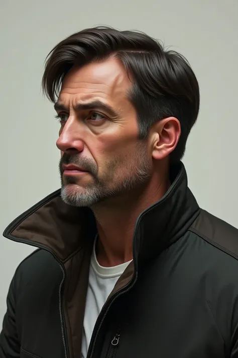 Man in a jacket with straight hair and a tuft and with a short beard