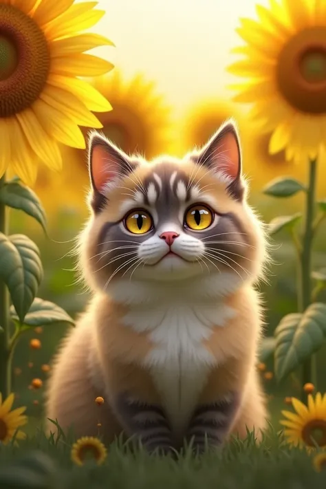 Ragdoll cat with yellow eyes and blur pulpil in a sunflower field