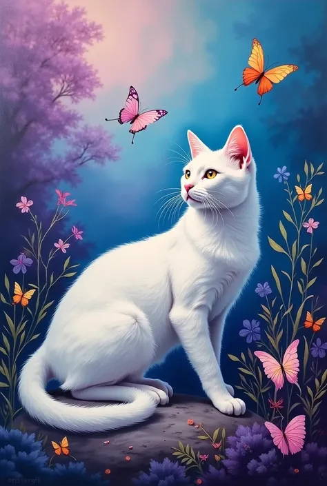 Purple painting with butterflies. White cat