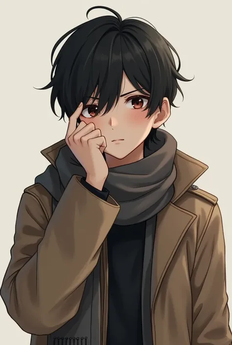 A cute shy skinny 20 year old boy stands with a scarf in a coat with long bangs with his hand attached to his face with a thoughtful pose 
Photorealism, 