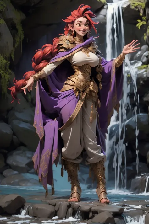 Female halfling, short stature, freckles, very long red hair, braids, wide hips, huge breasts, long flowing dress, harem pants, long purple cloak, shoulder armor, dancing pose, keytar instrument, tall boots, full body shot, splashing water, in waterfall, w...