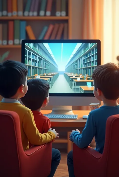 Boys and girls sitting in chairs watch a computer showing a virtual school library