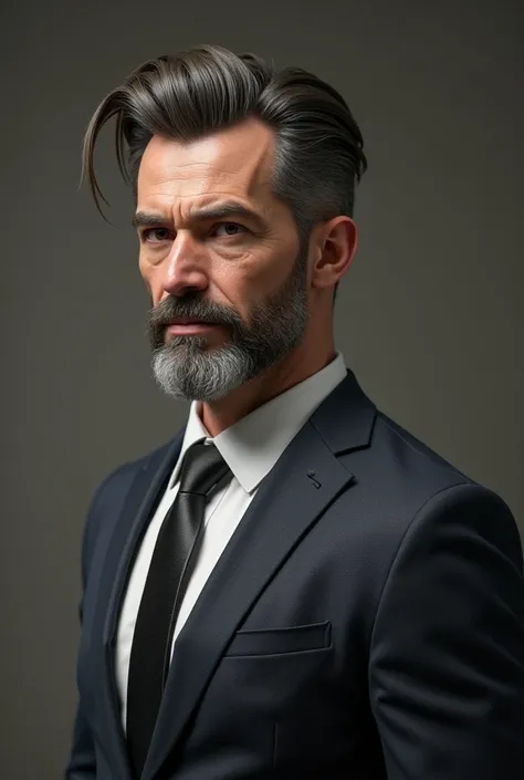 Realistic man in a suit with straight hair and a tuft and with a short beard