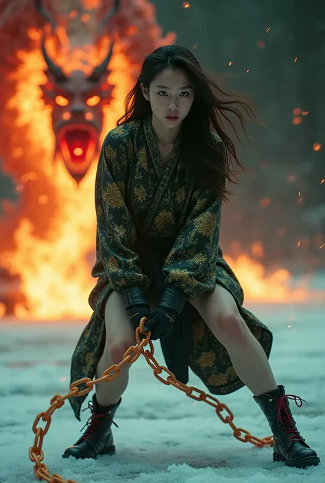 realistic ultra HD 16k high resolution photo, beautiful Japanese woman aged 25, loose hair floating, wearing a black metallic shirt with gold batik motif, a black metallic skirt with gold batik motif with black boots with red laces, with an angry expressio...