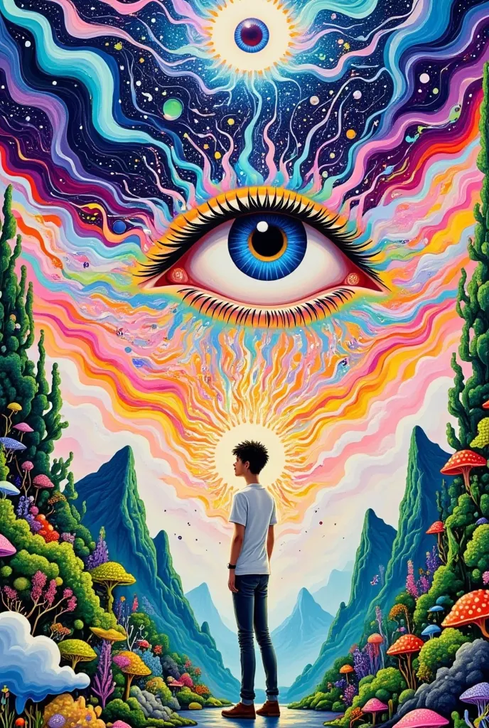 the painting is of a man standing in front of a mountain with big eyes, detailed dreams, dream painting, epic surrealist 8k oil ...