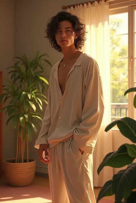 (photorealism:1.2), handsome asian man, standing , wearing loose off-shoulder top, pajama pants, long curly hair, indoors, soft lighting, plants in background, window with sunlight, cozy room, relaxed pose, realistic, intricate details, warm colors, by Gre...