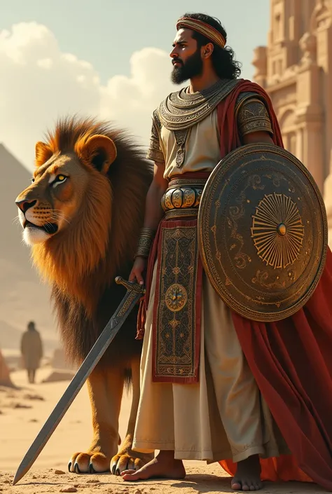 Brave muslim man carrying sword and shield standing together with male lion in babylonia