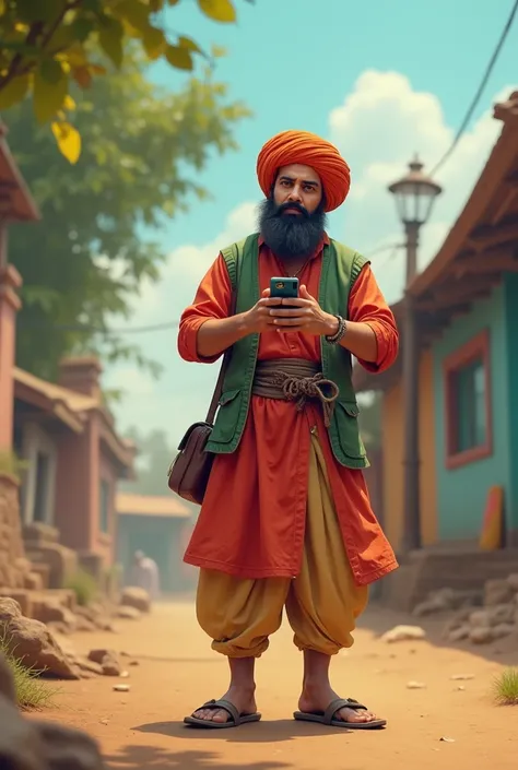 Create an image of a humorous scene: a Pathan man, depicted in traditional attire, holding a mobile phone with a confused but determined expression. He is outdoors, perhaps near a small village or a simple home, and he’s shown switching off the phone. The ...