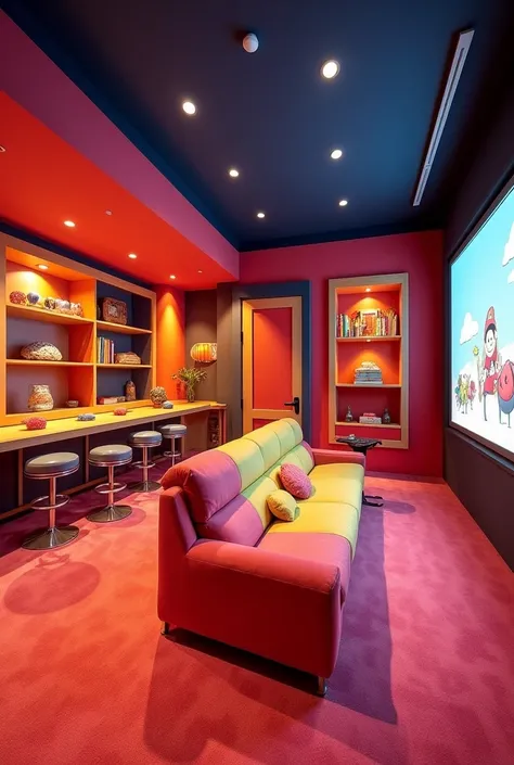 Brightly decorated rens and family cinema room with a rens play area in the hall