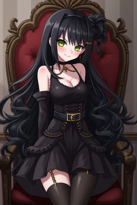 1girl, solo, mischievous smile, malicious look, gothic dress vampire, belt, sharp eyes, long black curly hair, necklace, green eyes, aristocratic music room, earrings, cross, hair ornament, fishnets, head tilt, choker, bangs, two side up, black thighhighs,...