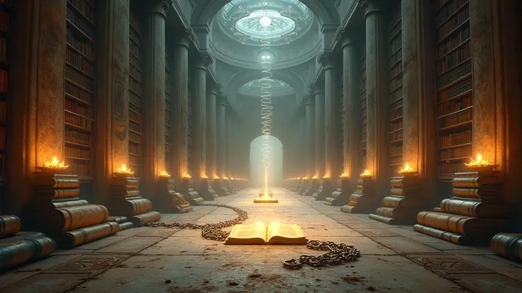 An evocative scene showing a grand library of ancient spiritual knowledge with books and scrolls glowing faintly, symbolizing hidden wisdom. In the center, a broken chain lies on the floor, representing the liberation of suppressed teachings like reincarna...