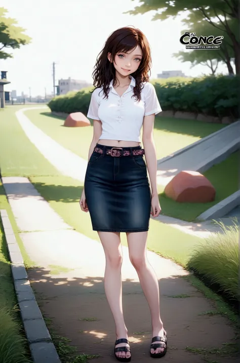 young woman, posing, rice field in public park, (+forehead, dark-brown long wavy hair), white mesh short sleeves collared shirt, seen white strapless tube top, white collar), dark navy-blue denim pencil mini skirt with belt (front slit), black sandals, BRE...