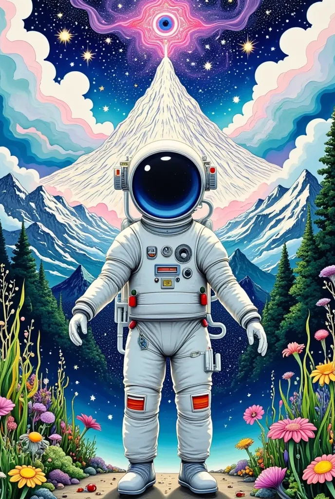 one picture is of an astronaut standing in front of a mountain with big eyes ,   this is a surrealist painting inspired by cyril...