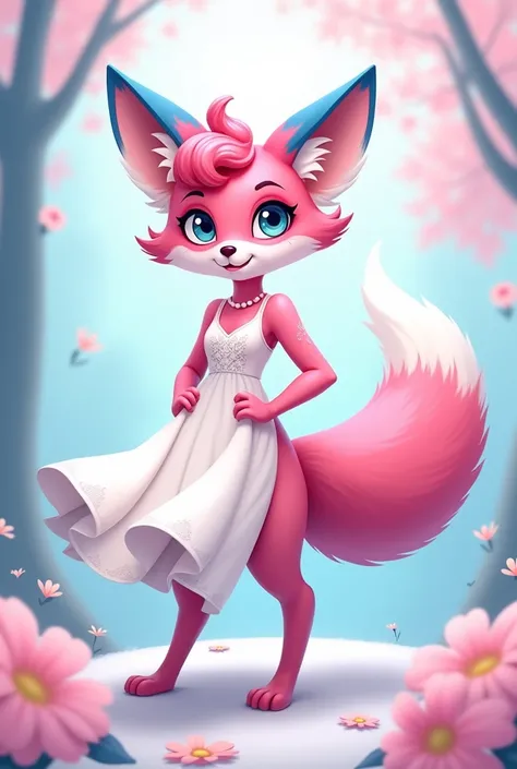 Pink blue fox cartoon female wearing white dress