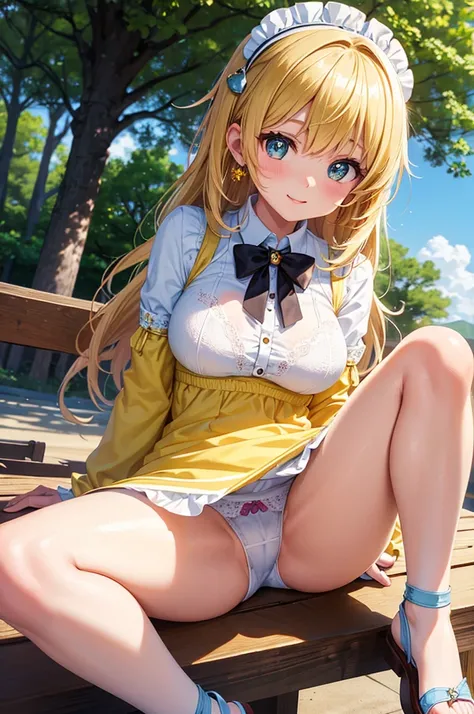 A beautiful girl sitting on a wooden table on the beach, anime girl, with a bouquet of flowers in her hand, under a tree, floral yellow summer dress with detailed ruffles, no sleeve, detailed lace, (spread your legs, white panties), sandals, big rounds bre...