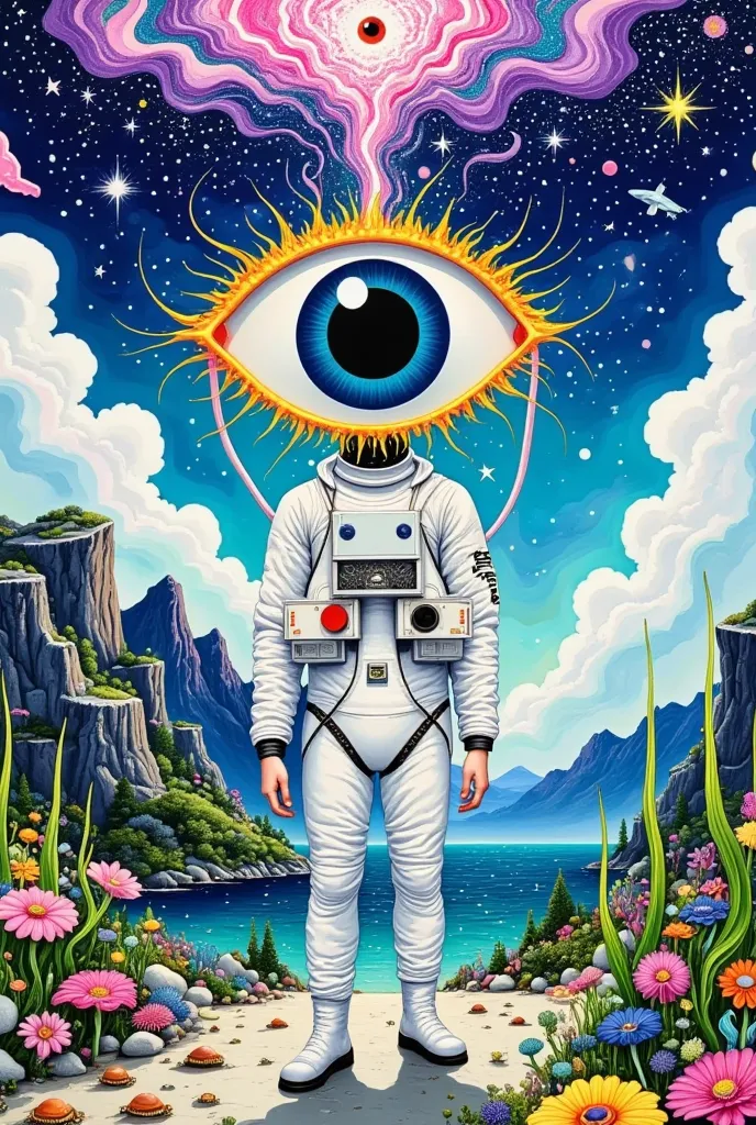 one picture is of an astronaut standing in front of a mountain with big eyes ,  one eye， this is a surrealist painting inspired ...