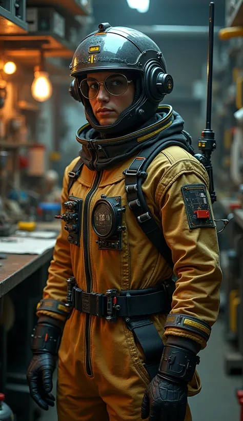 A close-up portrait of a highly skilled atompunk engineer, standing proudly in their cluttered workshop, surrounded by tools, blueprints, and unfinished machines. The engineers outfit is a mix of functional and futuristic aesthetics. They wear a worn, heav...