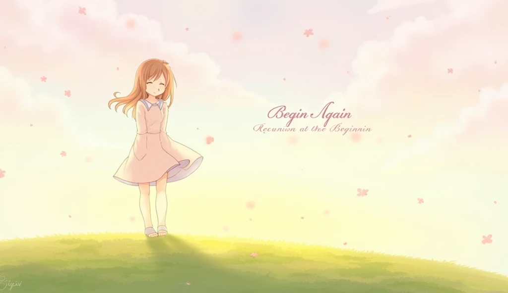  prompt information ：
"A soothing and inspiring anime-style illustration featuring Honoka in a peaceful outdoor setting, symbolizing a fresh start and quiet reunion. Honoka is depicted standing on a gentle grassy hill under a soft morning sky, with a warm ...