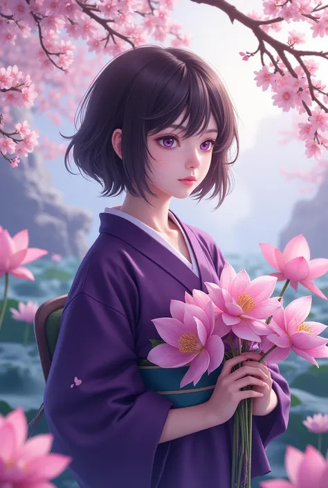 Japanese style、Lotus flower、Plum Blossom、 girl、 purple eyes,  cropped bangs、 Looking into the Distance 、
 Slender Eyes、deep purple kimono 、Holding flowers、 serious face、