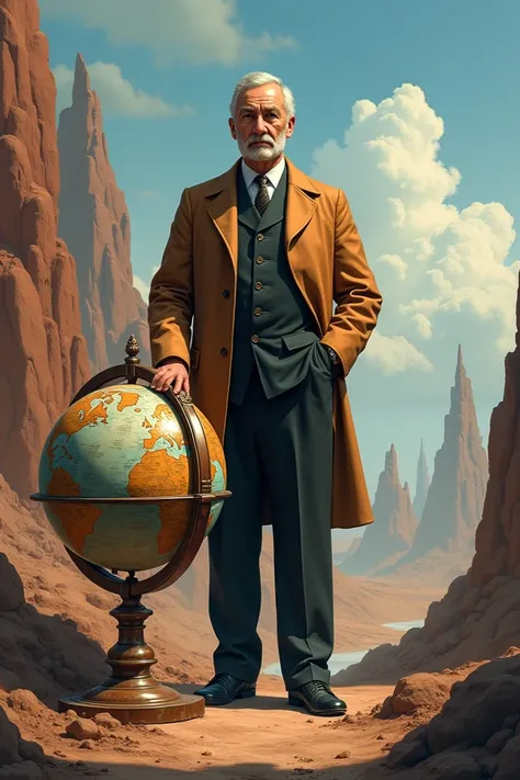 Kanysh Satpayev as a scientist ,  standing next to a globe or mine equipment,  symbolizing his contribution to geology .