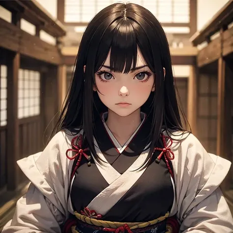 Japan
5 samurais
Black Haired ,  very long hair, masterpiece,  anatomically correct,  best quality, accurate, blank stare, 360° Field of View, Female Samurai Wearing Unique Armor,