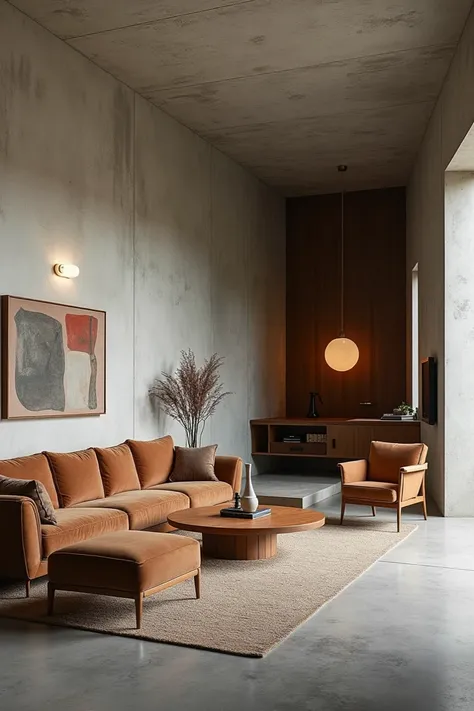 room with brutalist architecture and mid-century style decoration