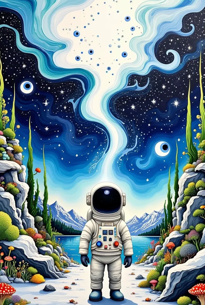 one picture is of an astronaut standing in front of a mountain with big eyes ,  one eye，this is a surrealist painting inspired b...