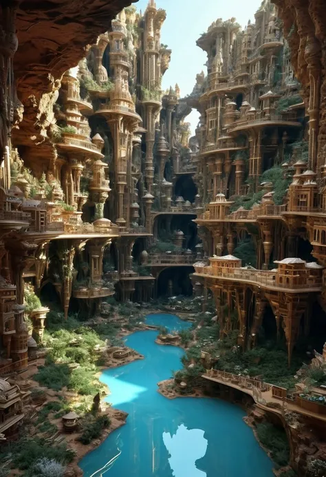 there are many inverted cavities (different rooms, joined by mandelbulb projections that form passages) in the middle of an underground canyon that makes up a mandelbulb mud village at different heights with many balconies and stalactites and stalactites, ...