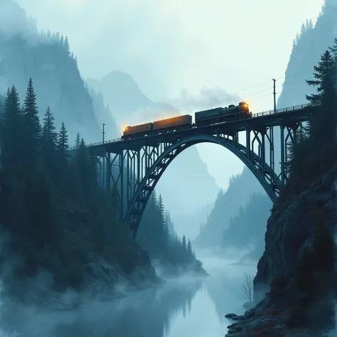 (masterpiece:1.2,Superior Quality,Mirror finish, Cinematic Experience, best illustration:2.0),8k,(Watercolor:2.0),(An old bridge shrouded in fog :2.0),(An old bridge is built in a mountainous area:2.0),( bridge over the mountainous area :2.0),( A freight t...