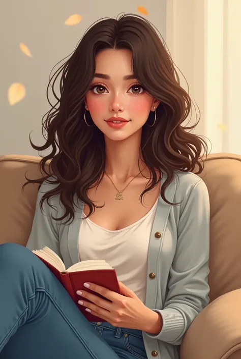 

>  soft autumn-like cardigans and 。 with dark brown wavy hair up to her shoulders {x} she has an intelligent and elegant vibe、 with an elegant smile 。 illustrations depicting a young American woman 、 with modest makeup 。 The background is 、 where her nat...