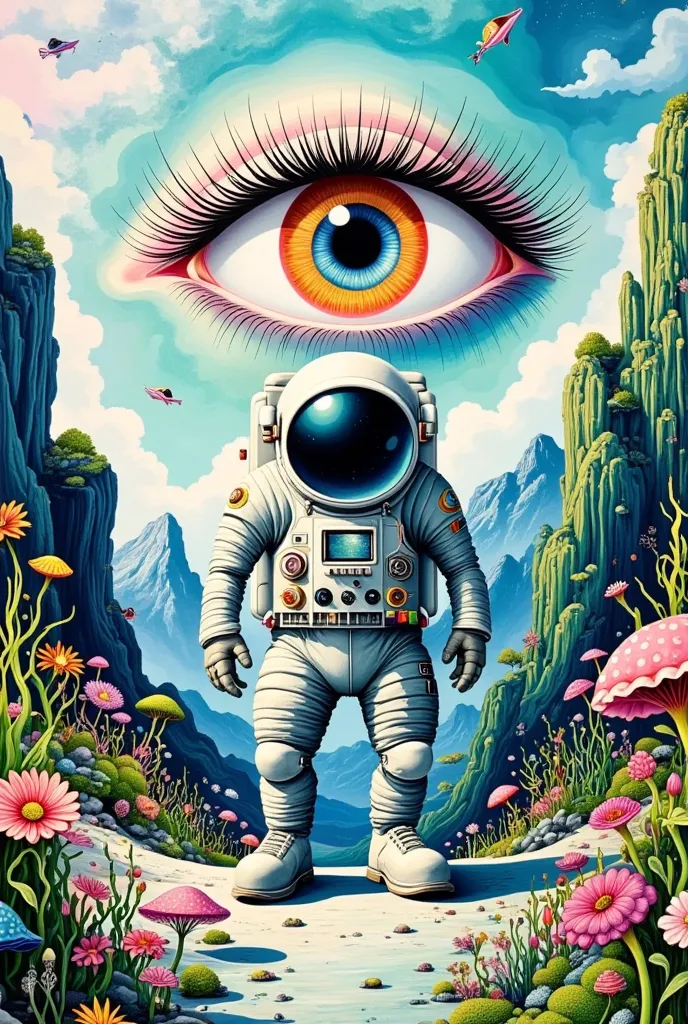 one picture is of an astronaut standing in front of a mountain with big eyes ,  (((one eye)))， this is a surrealist painting ins...